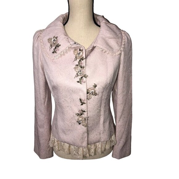 Fille Clair Pink Floral Jacquard Embroidered Jacket Size S Lace Trim Grannycore - Picture 1 of 10